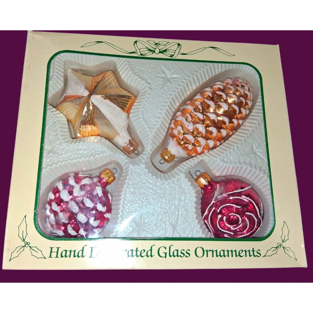 Hand-Decorated Glass Ornaments Set Of 4 Holiday Designs Made In Poland